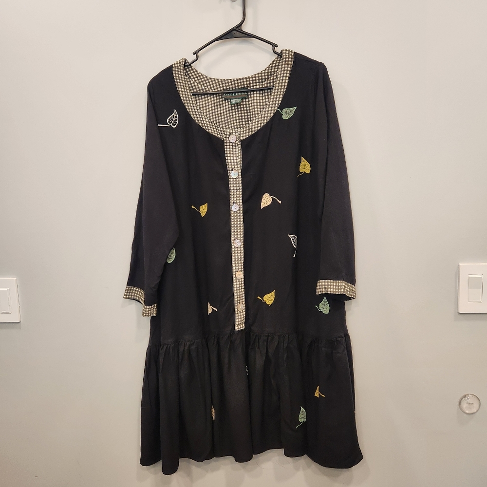 Papy Boez Vintage Fall Leaves Embroidered Ruffled Midi Dress S/M